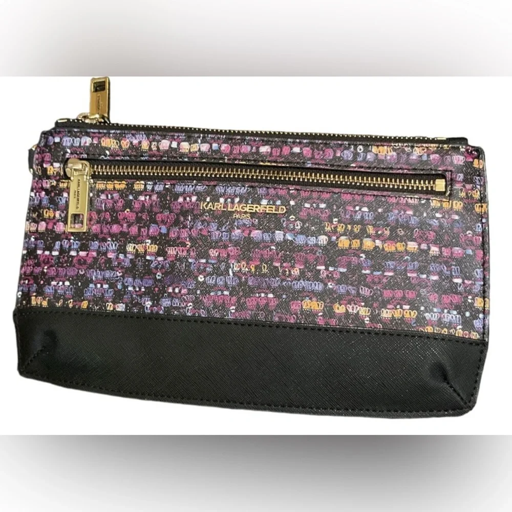 Karl Lagerfeld Paris Double Zip Wristlet Pouch Clutch in a plum combo print.